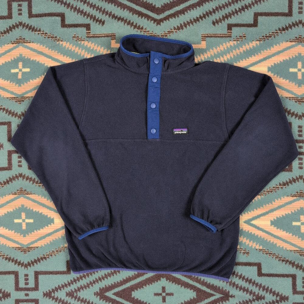 Vintage Patagonia Sweater Youth Snap Button Pullover Fleece Size 12 Blue